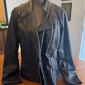 Black Women's Leather Moto Jacket - Classic Asymmetrical Zip